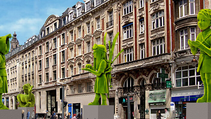 Elfs verts géants le long de la rue Faidherbe à Lille 