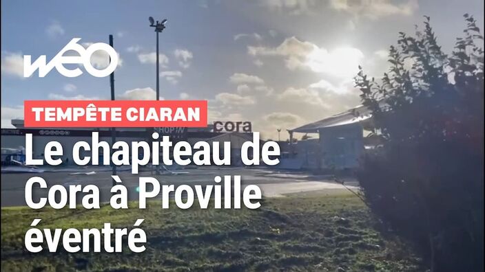 Tempête Ciaran : un chapiteau éventré sur le parking de la zone Cora à Proville