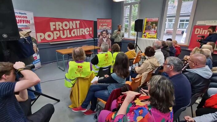 Réunion de campagne des législatives du député sortant François Ruffin (LFI), à Abbeville, le 14 juin 2024.